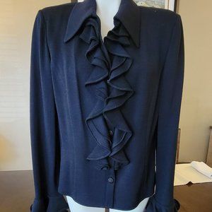 St. John Collection Black Floral Trim Dress Shirt